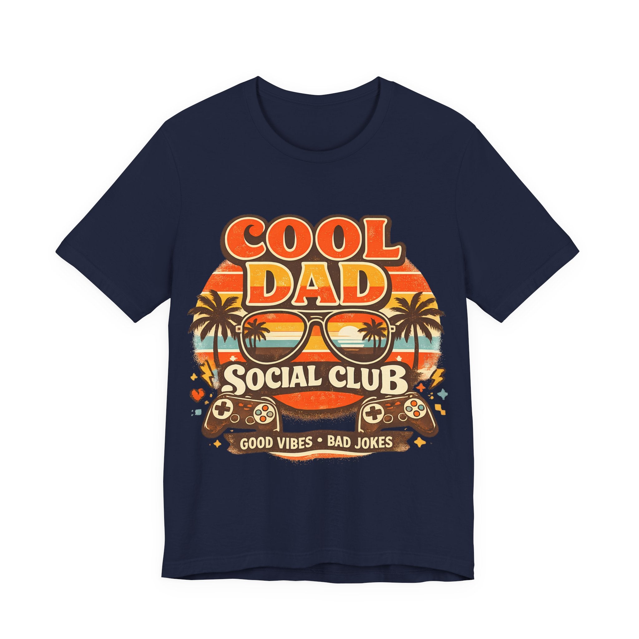 Navy blue t-shirt with 'Cool Dad Social Club' graphic design on a white background