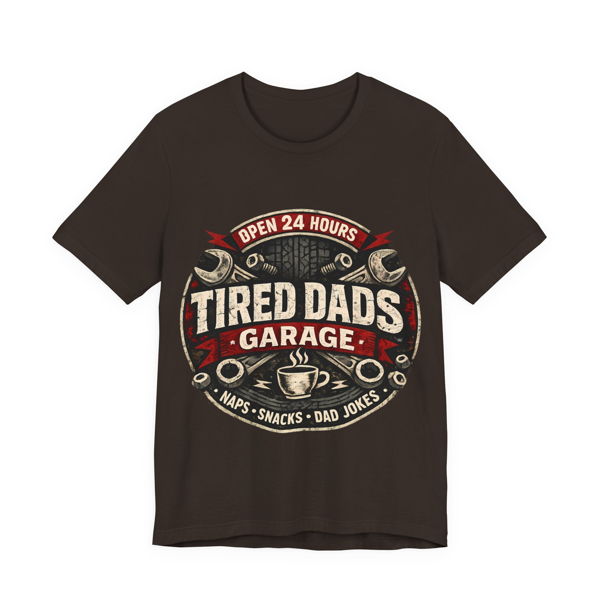Brown t-shirt with 'Tired Dads Garage' graphic design.