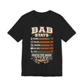 Black t-shirt with 'Dad Stats' graphic design.
