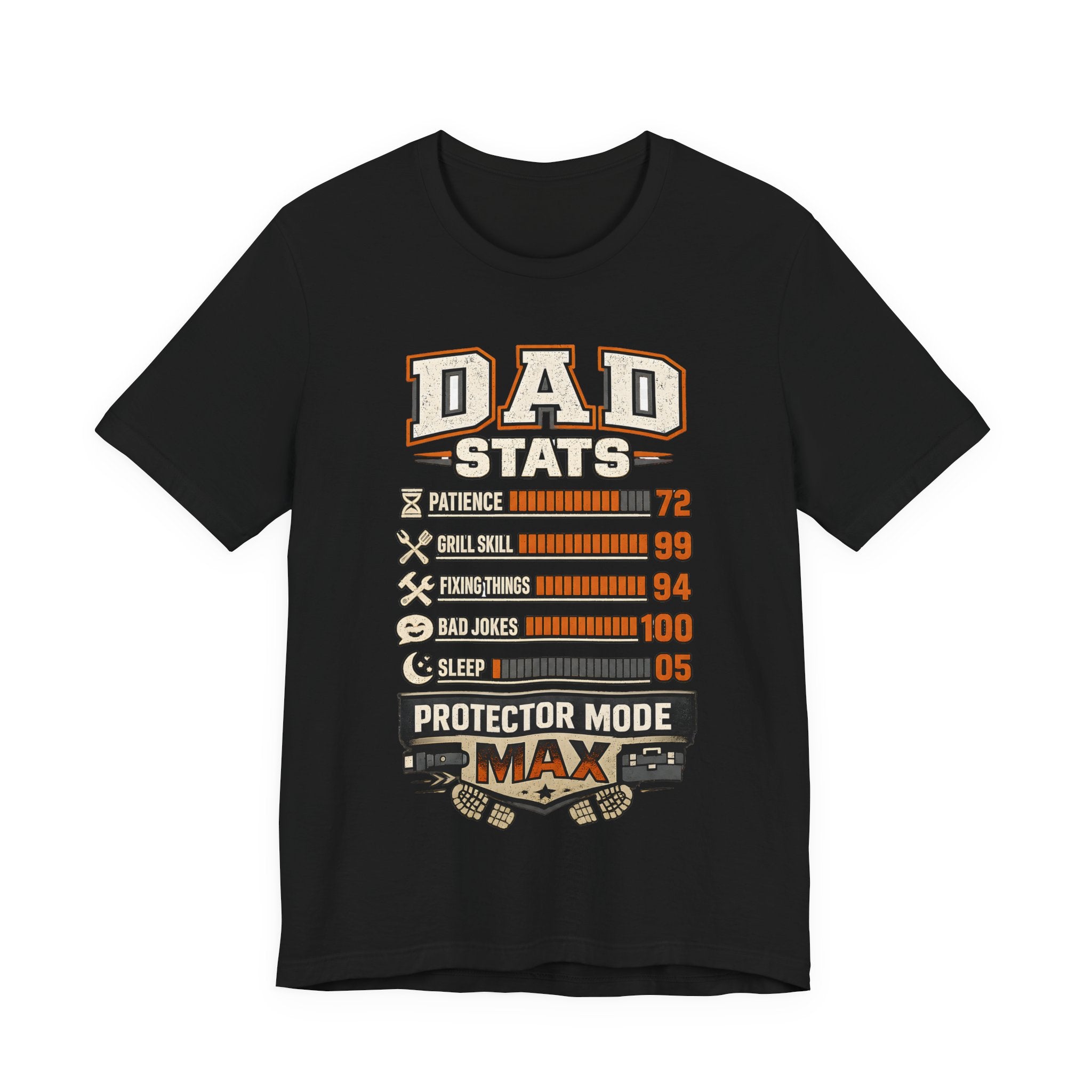 Black t-shirt with 'Dad Stats' graphic design.