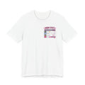 White t-shirt with 'Mom Stats' graphic on a white background