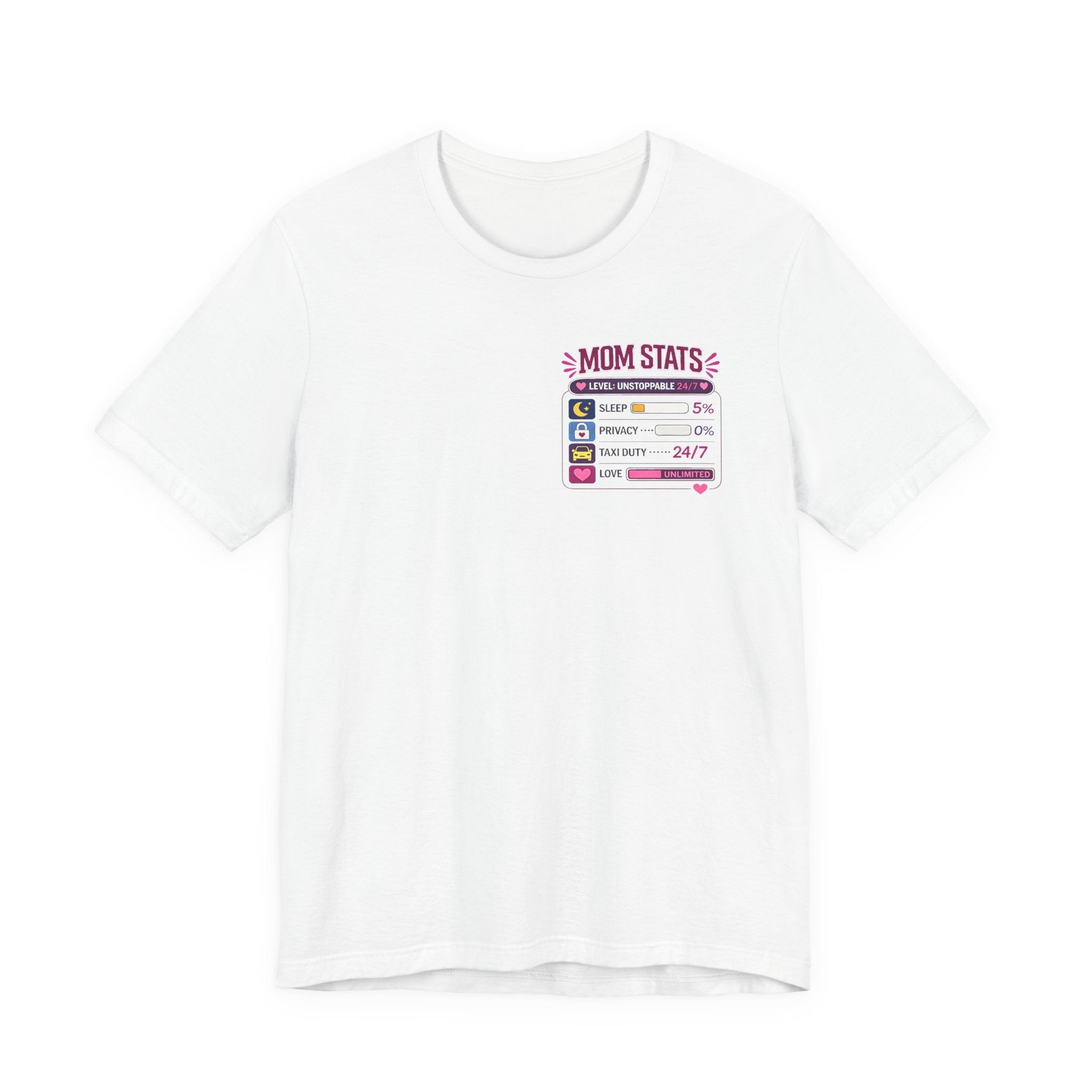 White t-shirt with 'Mom Stats' graphic on a white background