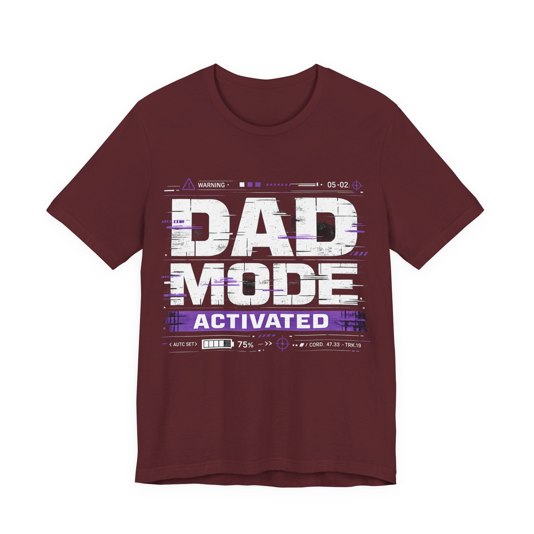 Maroon t-shirt with 'Dad Mode Activated' text design.