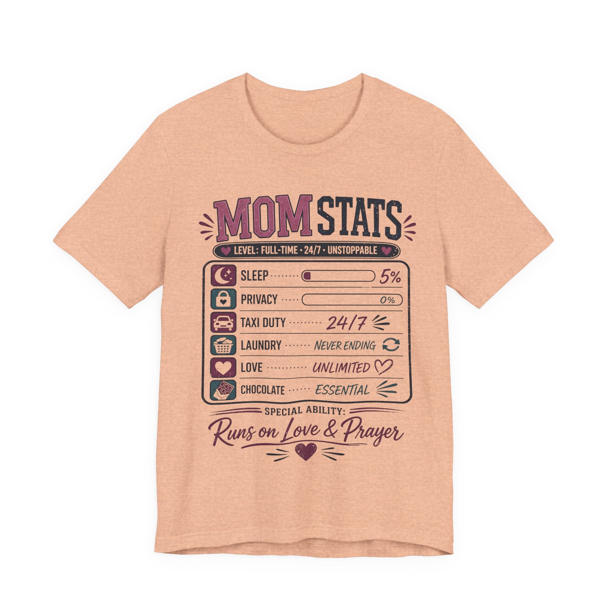 heather peach t-shirt with 'Mom Stats' graphic design.