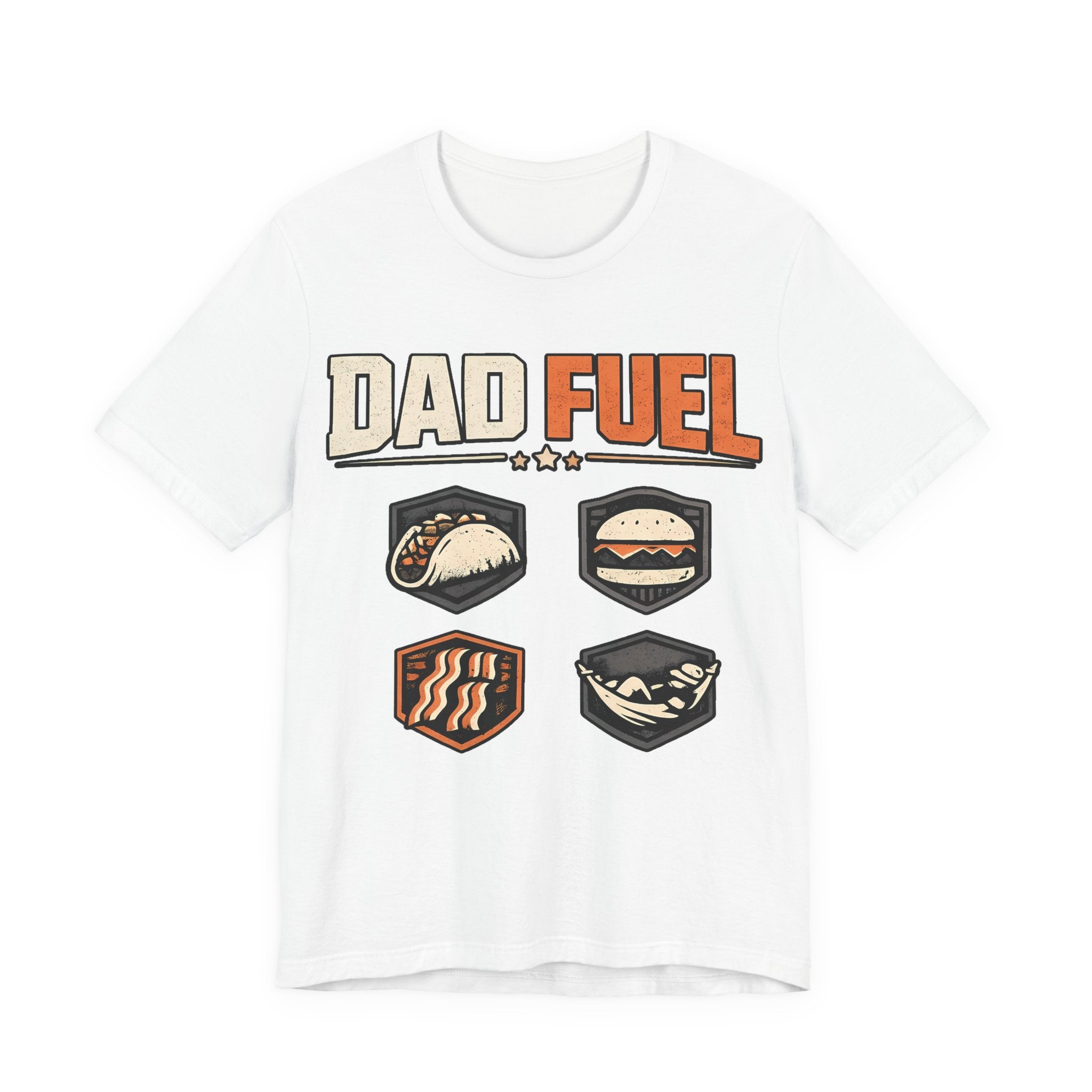 White t-shirt with 'Dad Fuel' graphic design featuring food icons on a white background