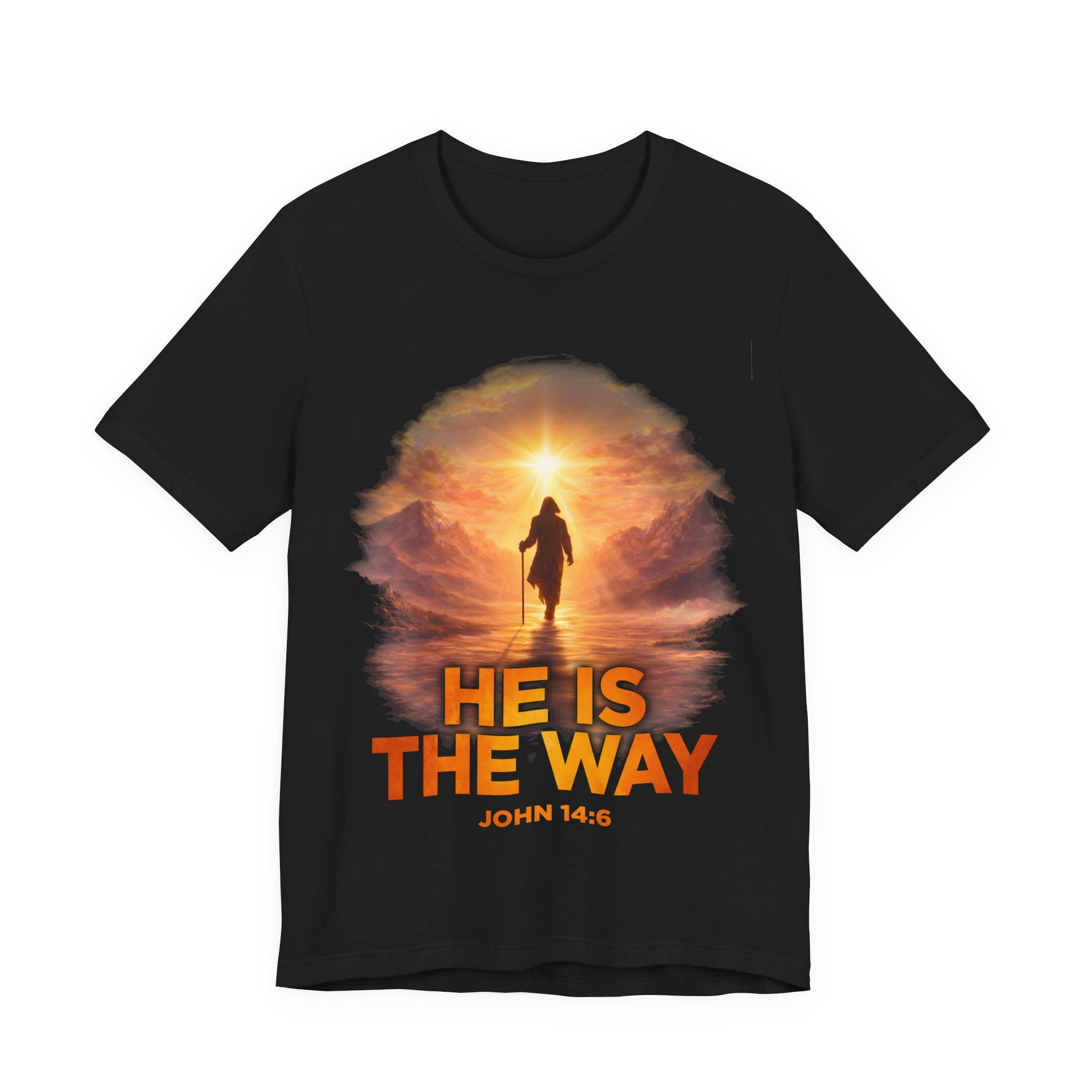 Black t-shirt with a religious design featuring a person walking towards a light, with 'He is the Way' text.