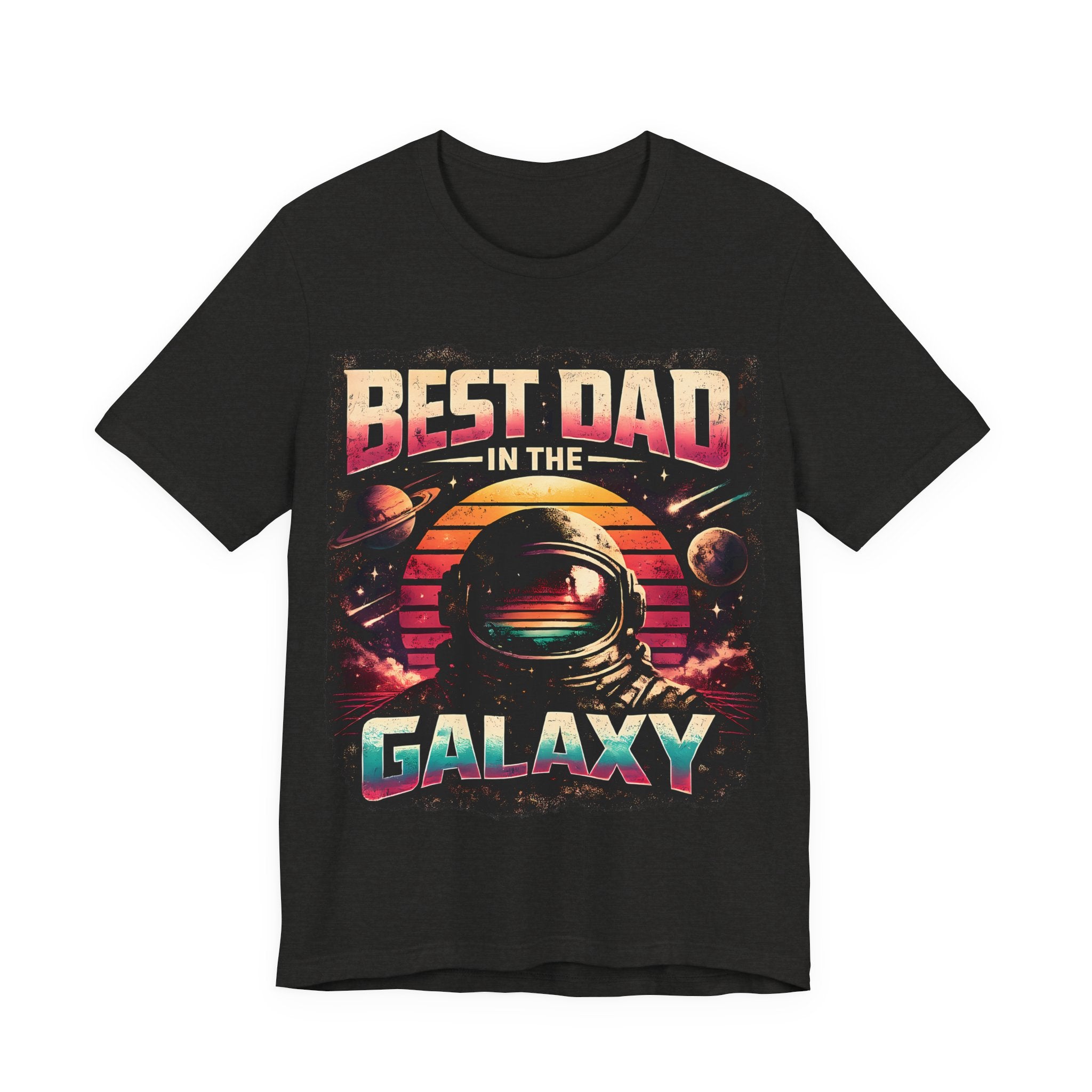 Black heather t-shirt with 'Best Dad in the Galaxy' graphic design on a white background