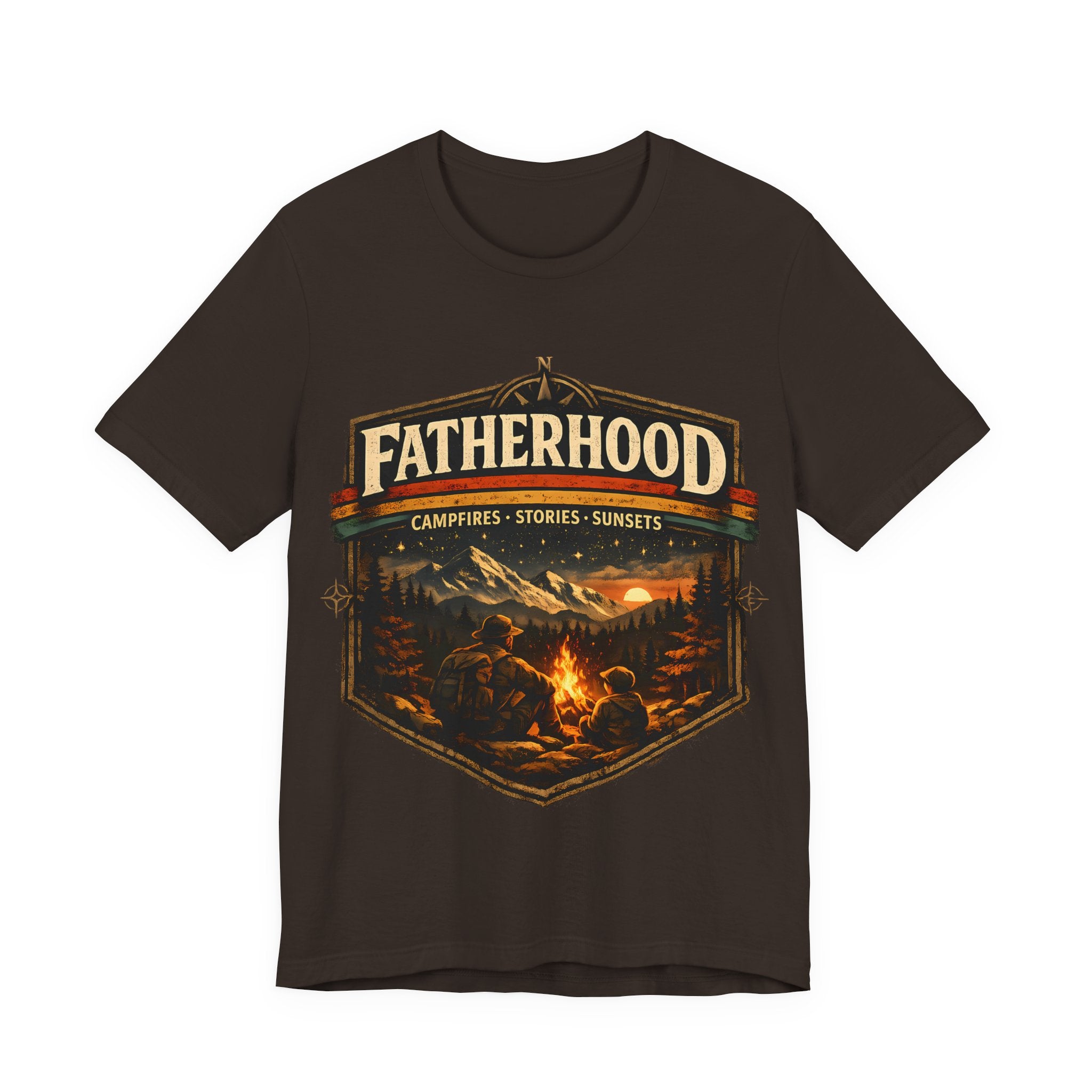Brown t-shirt with 'Fatherhood' graphic design featuring a campfire scene