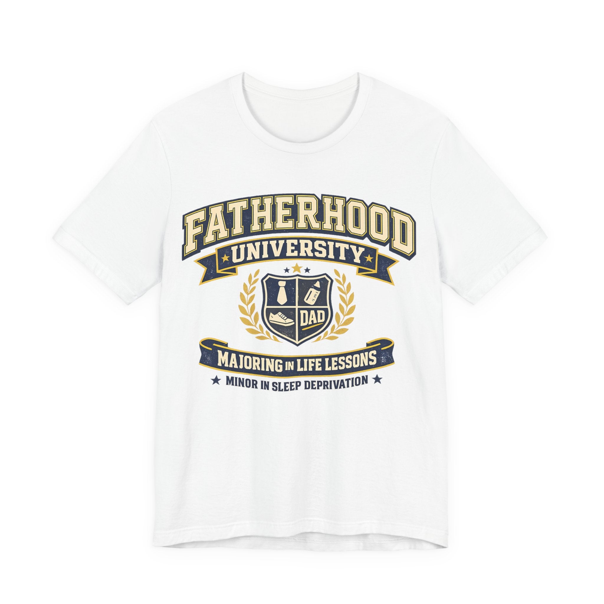 White t-shirt with 'Fatherhood University' graphic design.