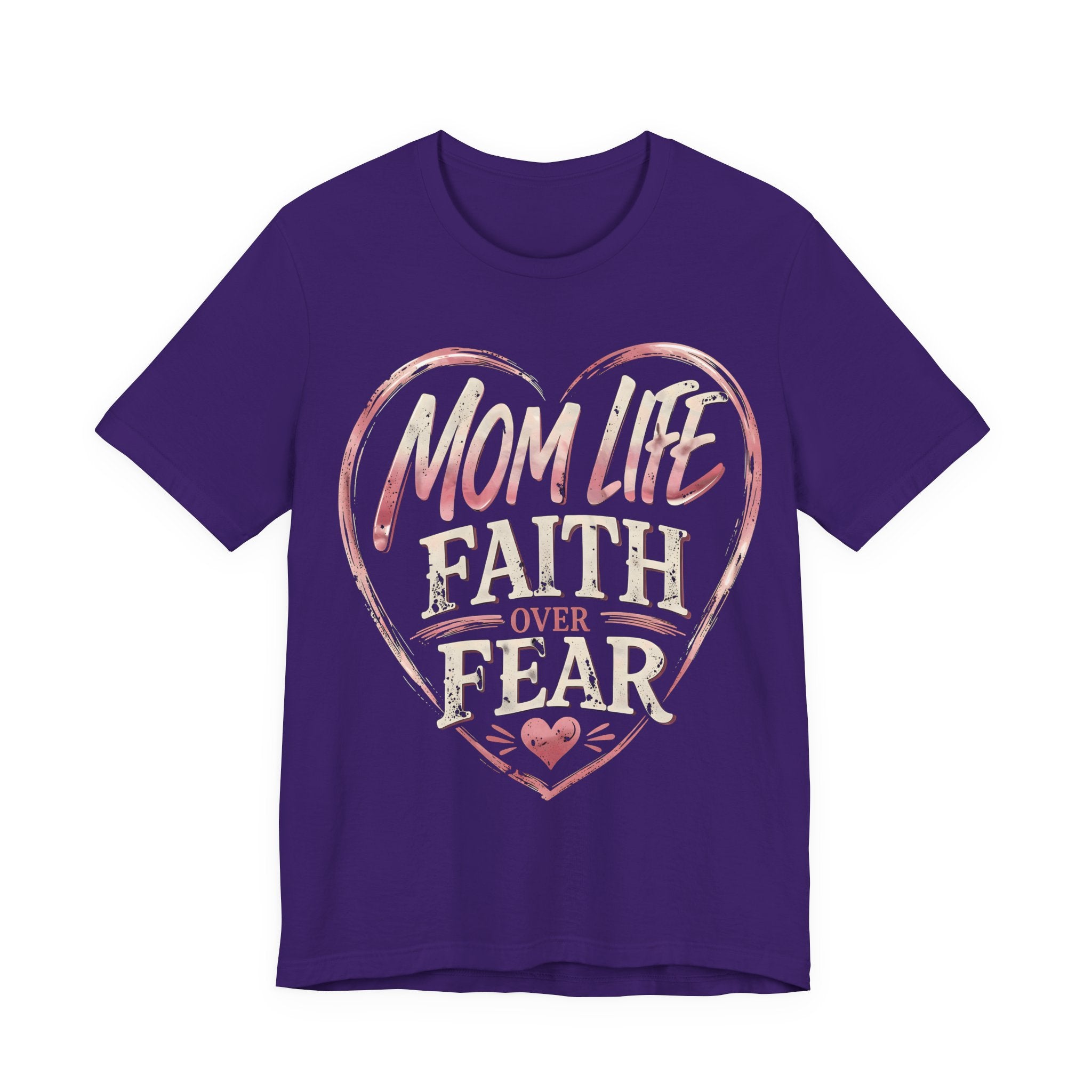 Purple t-shirt with pink heart design and text 'Mom Life Faith Over Fear' on a white background