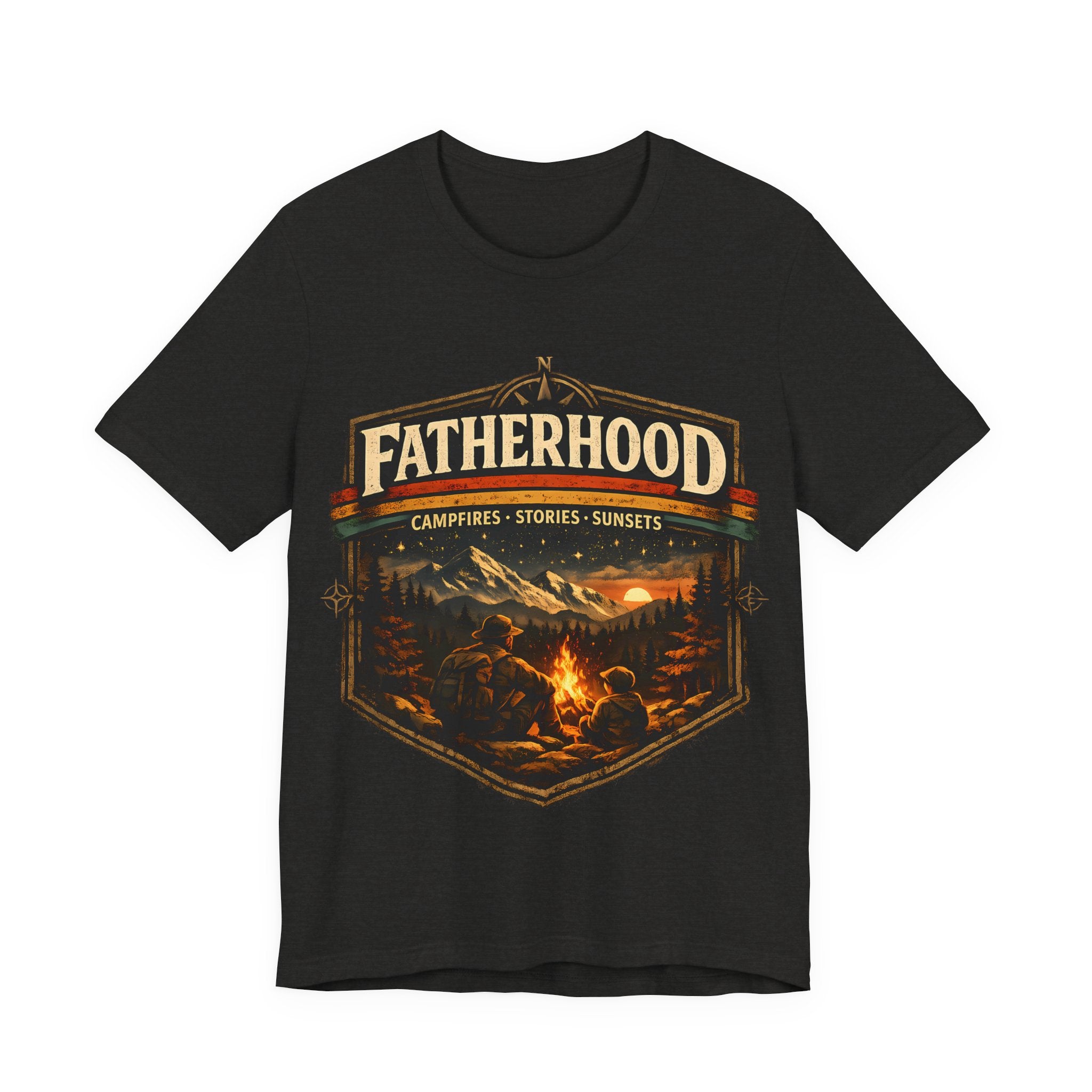 Black Heather t-shirt with 'Fatherhood' graphic design featuring a campfire scene