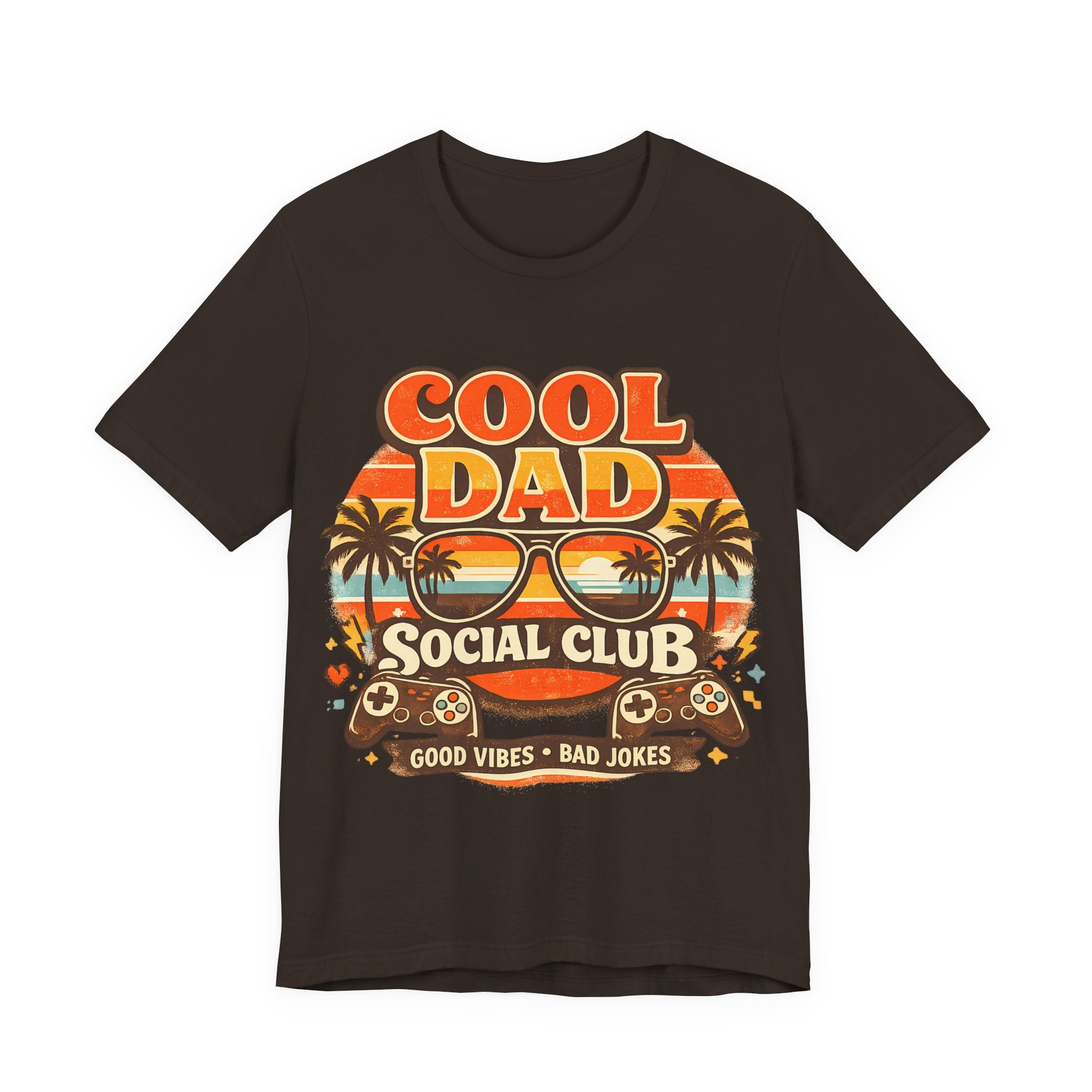 Brown t-shirt with 'Cool Dad Social Club' graphic design on a white background