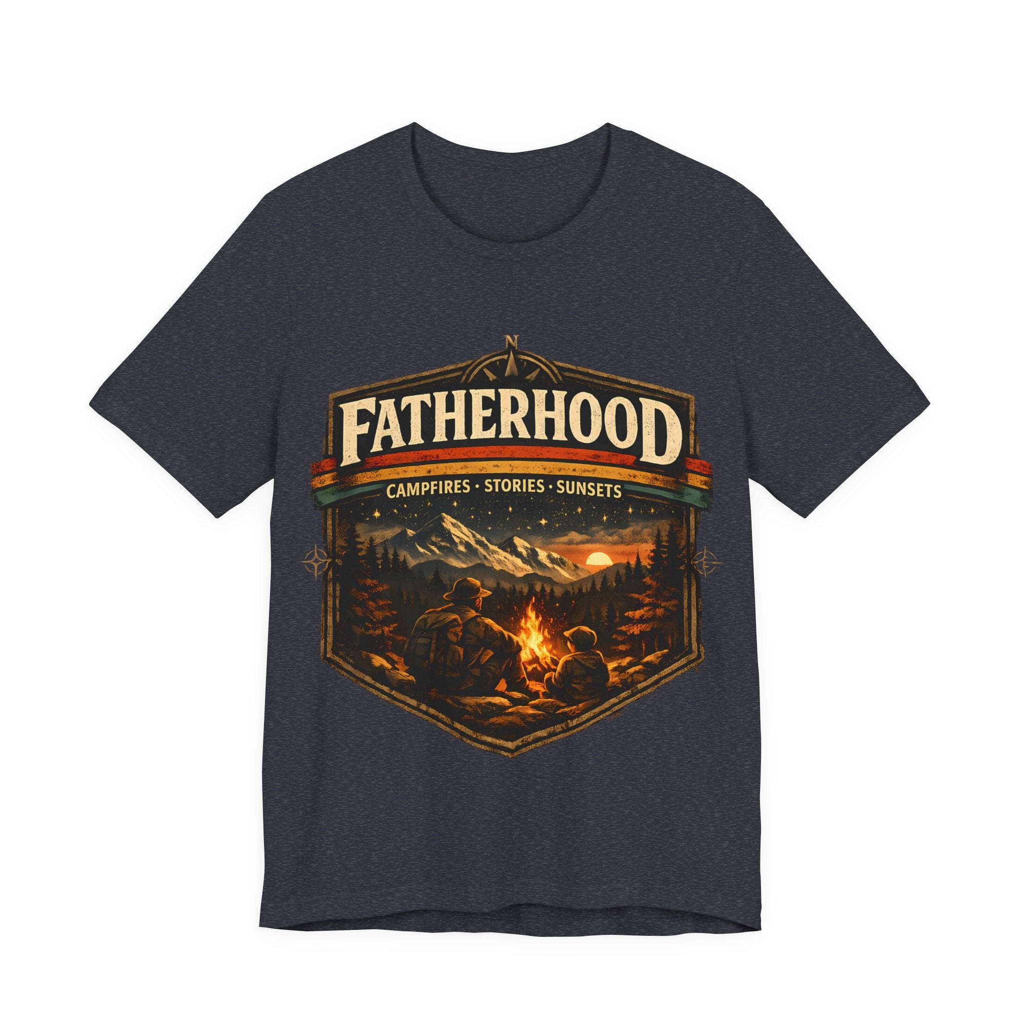 Heather Navy t-shirt with 'Fatherhood' graphic design featuring a campfire scene