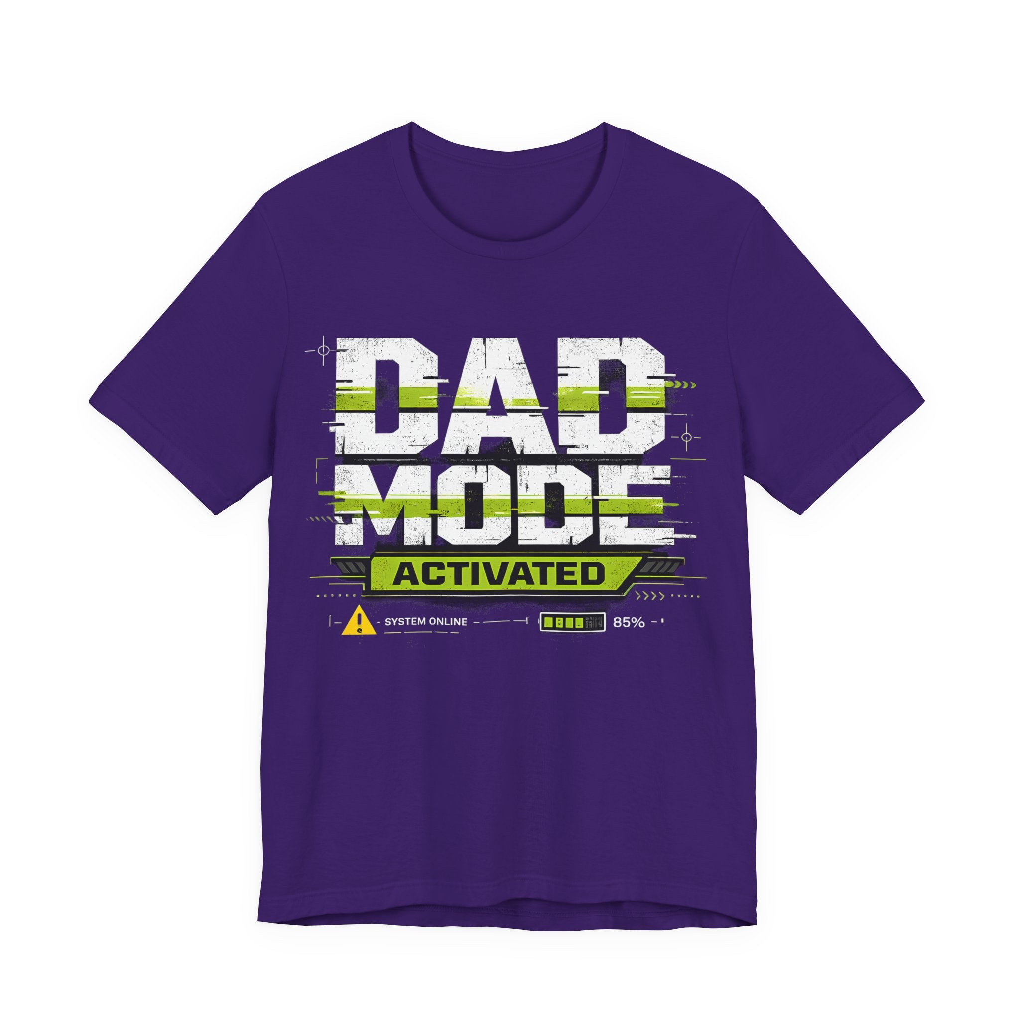 Purple t-shirt with 'Dad Mode Activated' text design on a white background