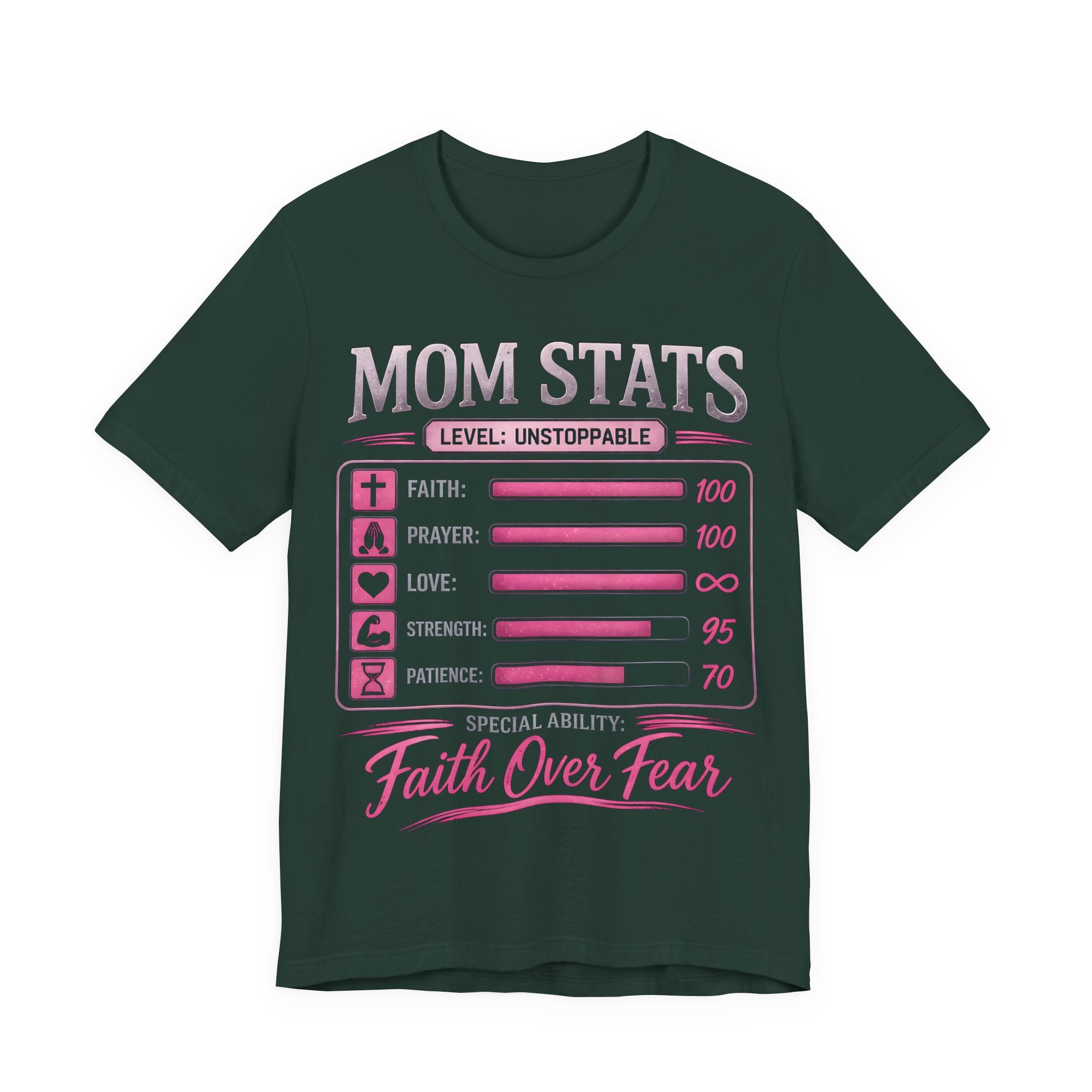 Forest t-shirt with 'Mom Stats' graphic design on a white background