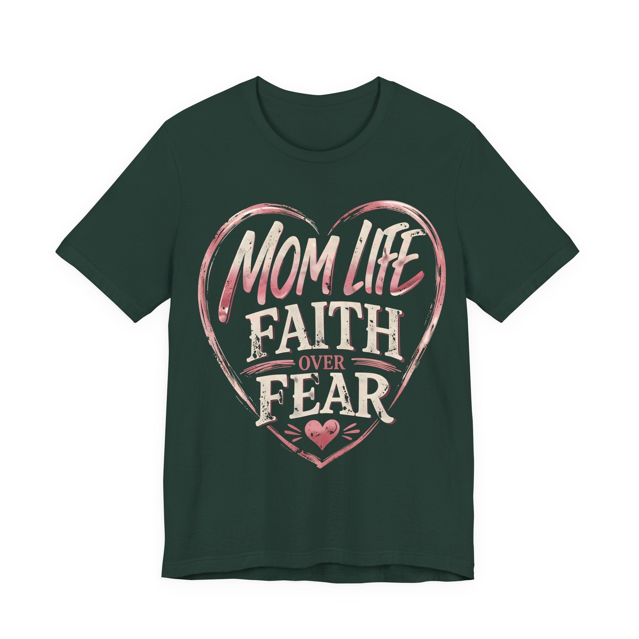 Forrest t-shirt with pink heart design and text 'Mom Life Faith Over Fear' on a white background