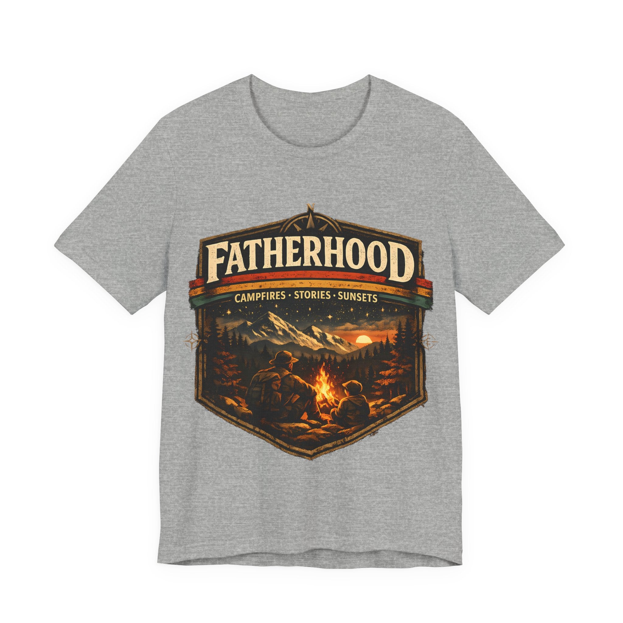 Athletic Heather t-shirt with 'Fatherhood' graphic design featuring a campfire scene