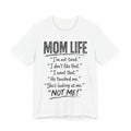 White t-shirt with "Mom Life" text.