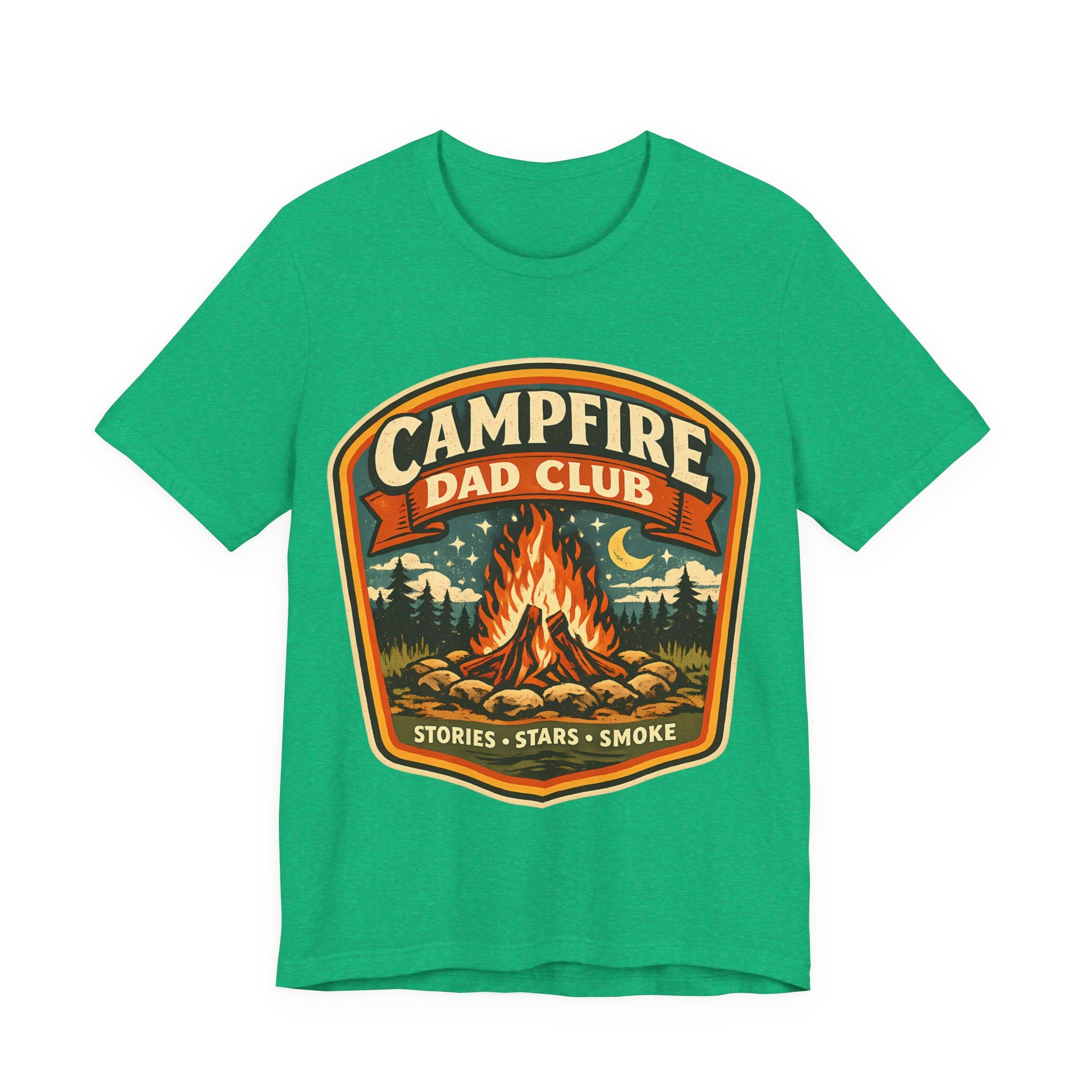 Heather Kelly t-shirt with 'Campfire Dad Club' graphic design featuring a campfire and nature elements.