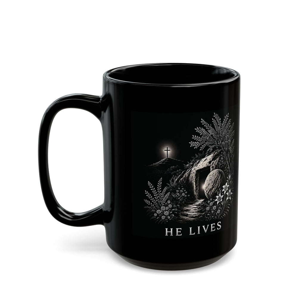 Black mug with white text on a white background