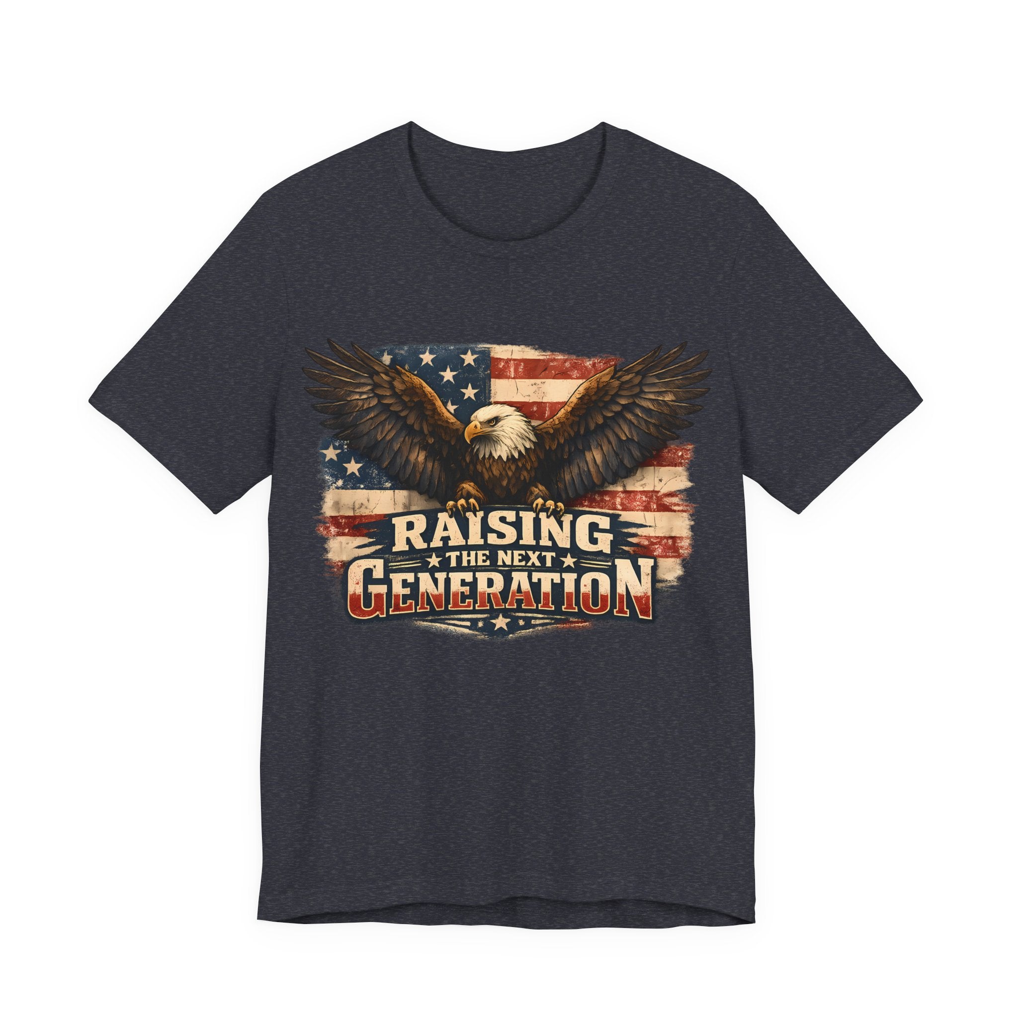 Heather navy t-shirt with an eagle and American flag design on a white background