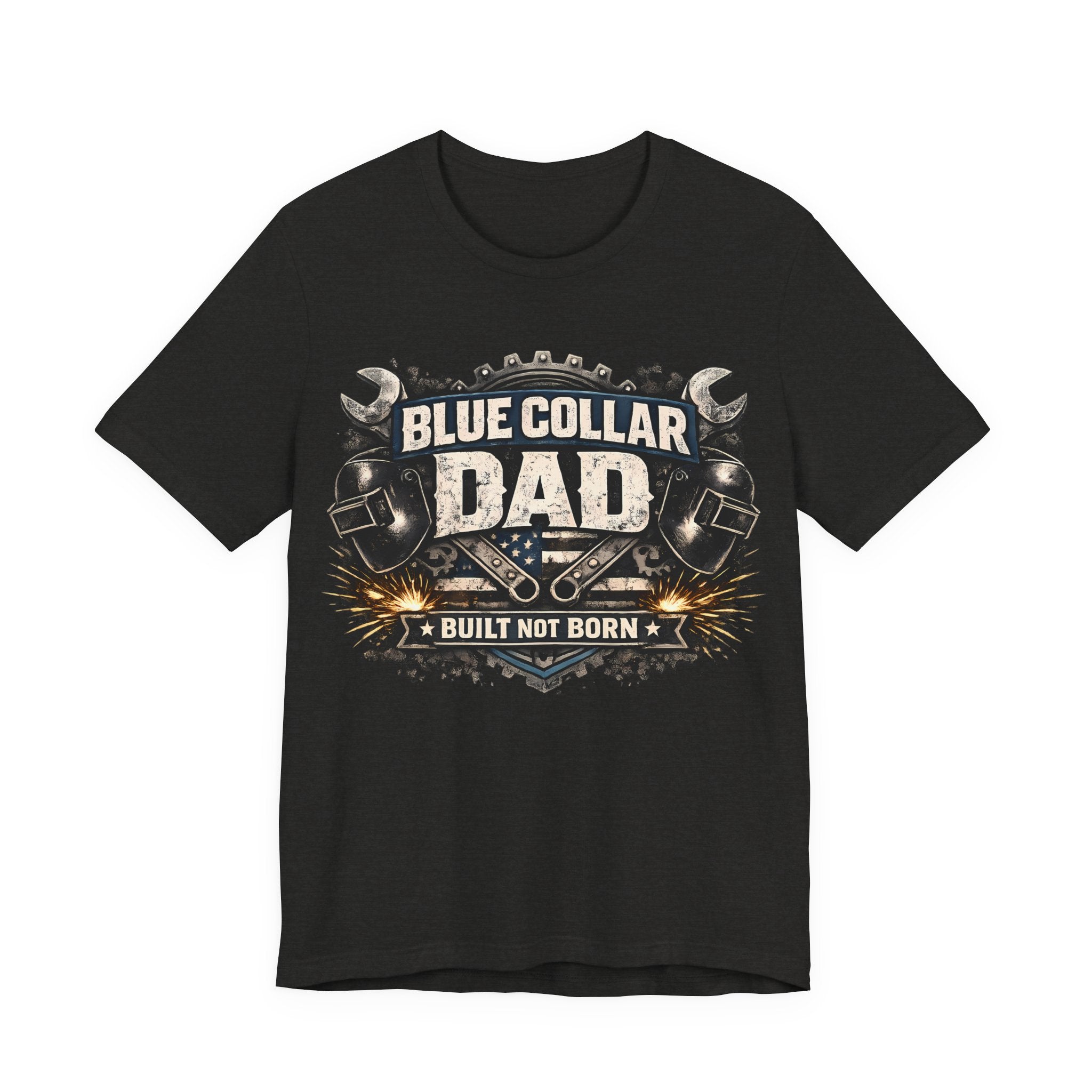 Black Heather t-shirt with 'Blue Collar Dad' graphic design