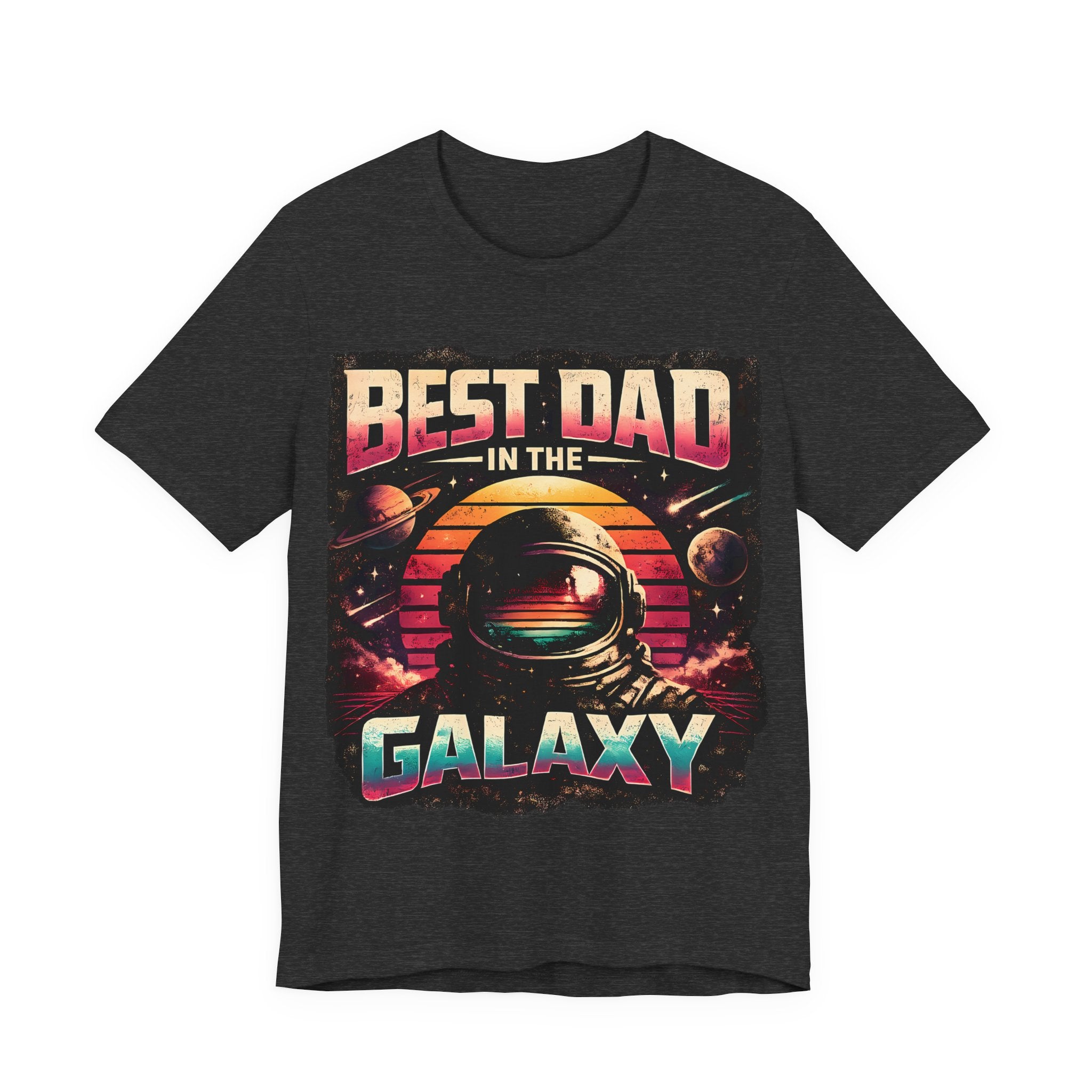 dark grey heather t-shirt with 'Best Dad in the Galaxy' graphic design on a white background
