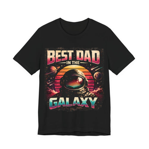 Black t-shirt with 'Best Dad in the Galaxy' graphic design on a white background