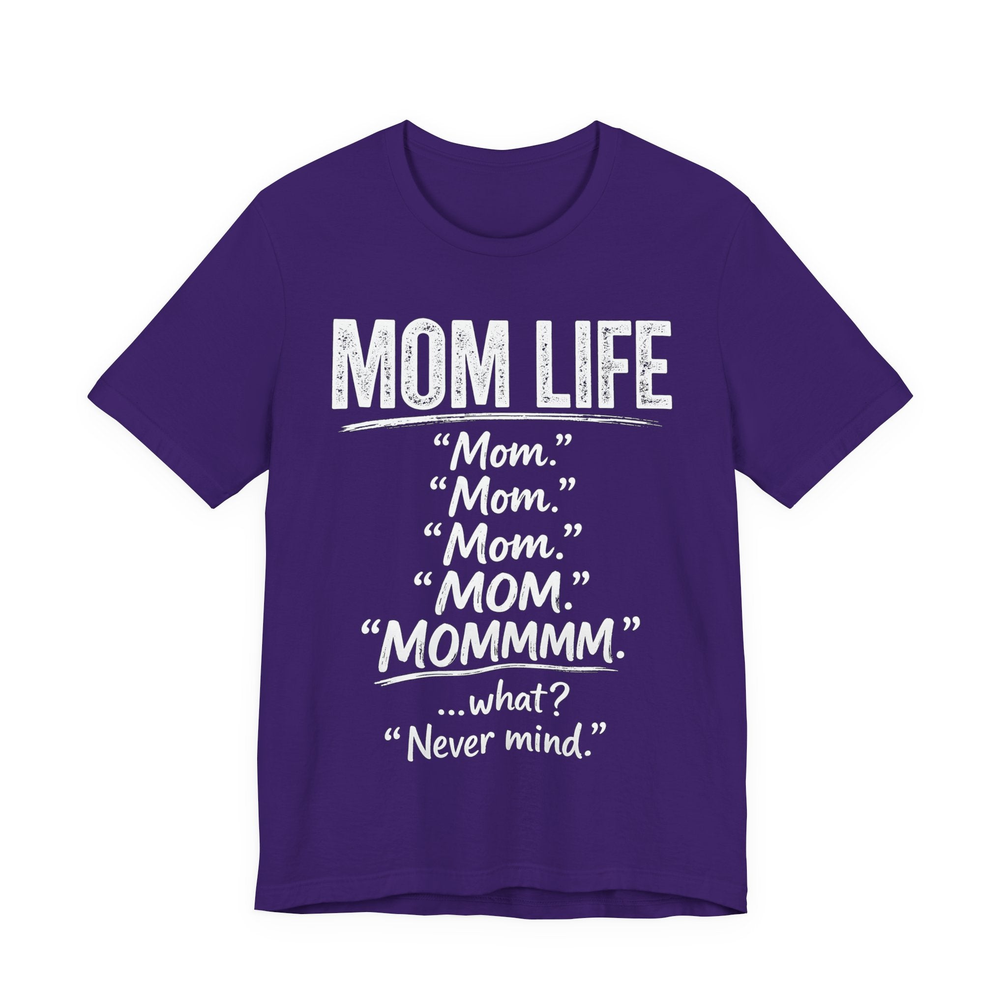Purple t-shirt with white text 'MOM LIFE' and humorous variations on it.