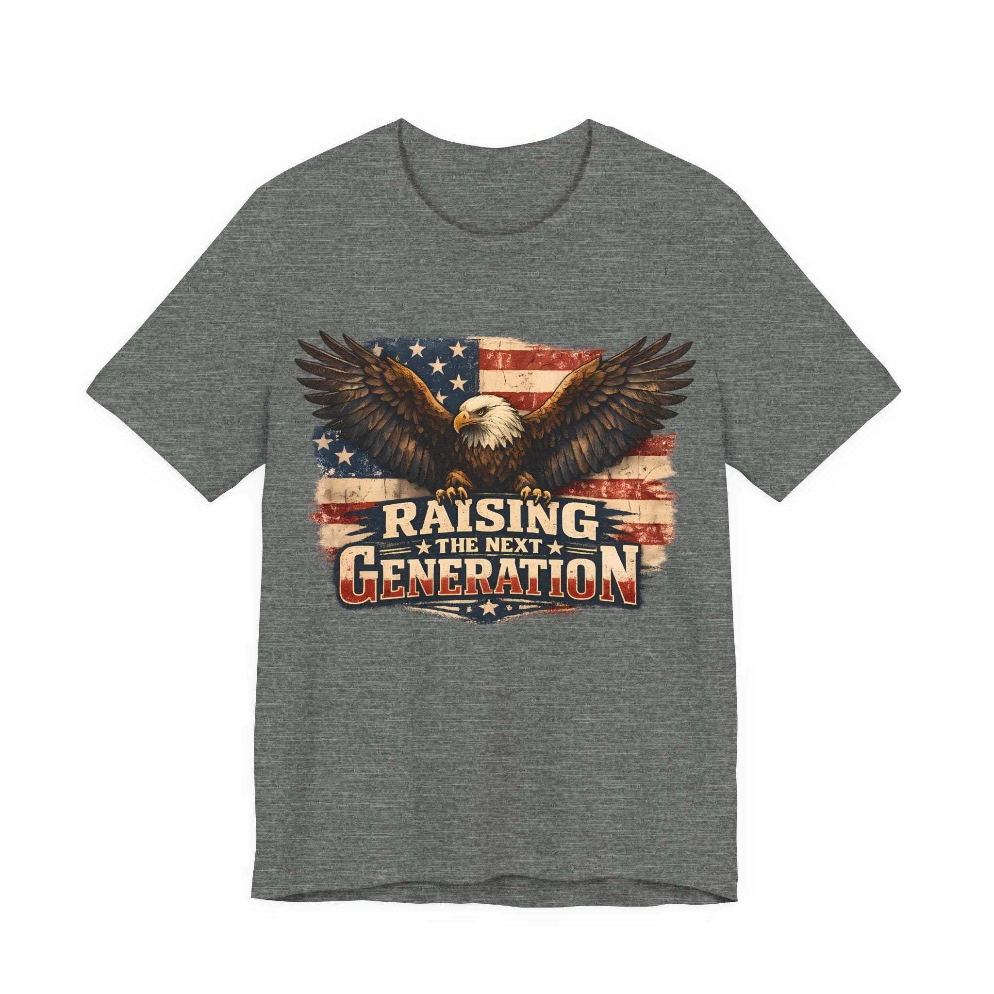 Deep Heather t-shirt with an eagle and American flag graphic on a white background