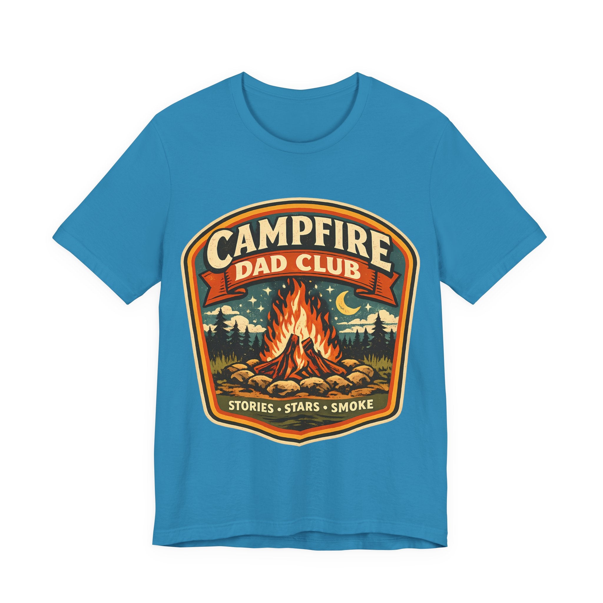 Aqua t-shirt with 'Campfire Dad Club' graphic design featuring a campfire and nature elements.