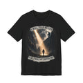 Black t-shirt with a mountain scene and text on a white background