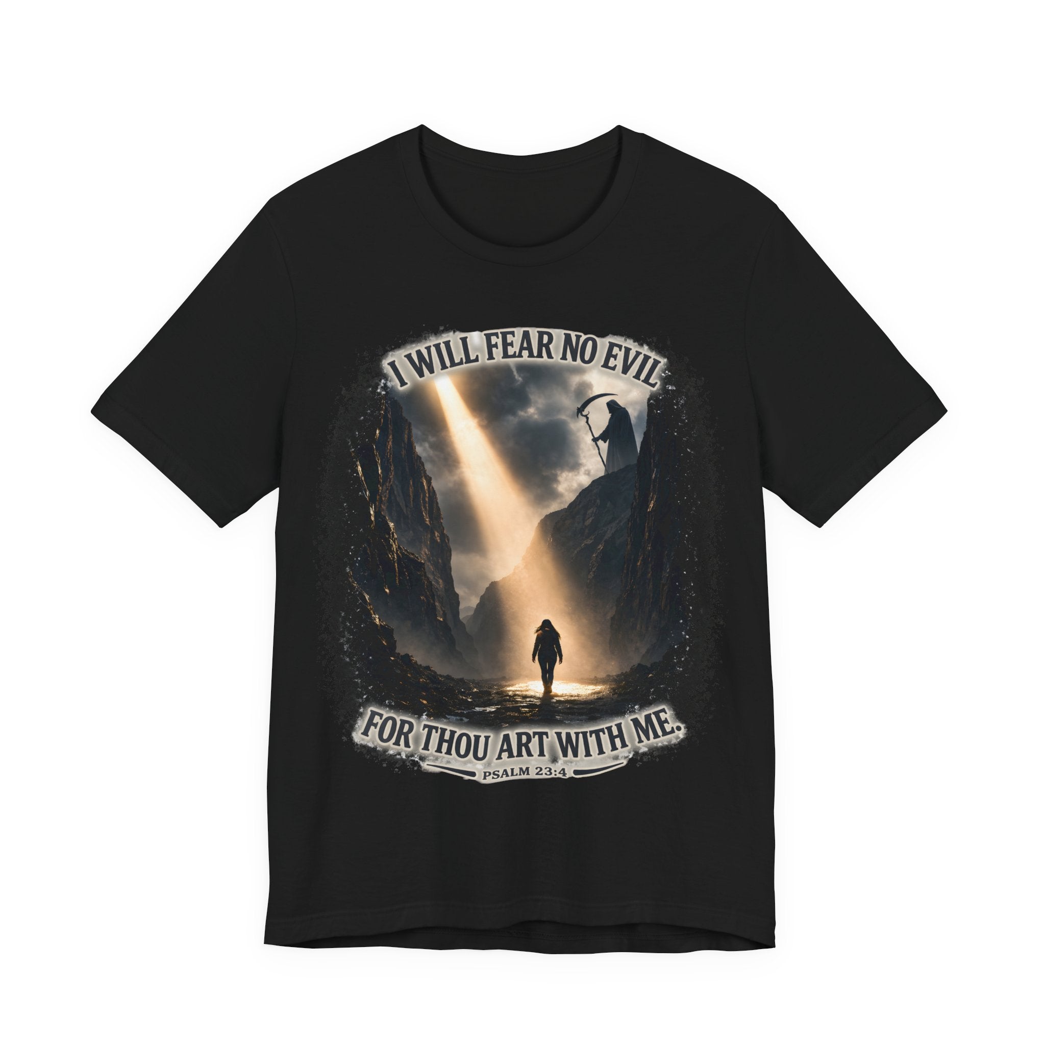 Black t-shirt with a mountain scene and text on a white background
