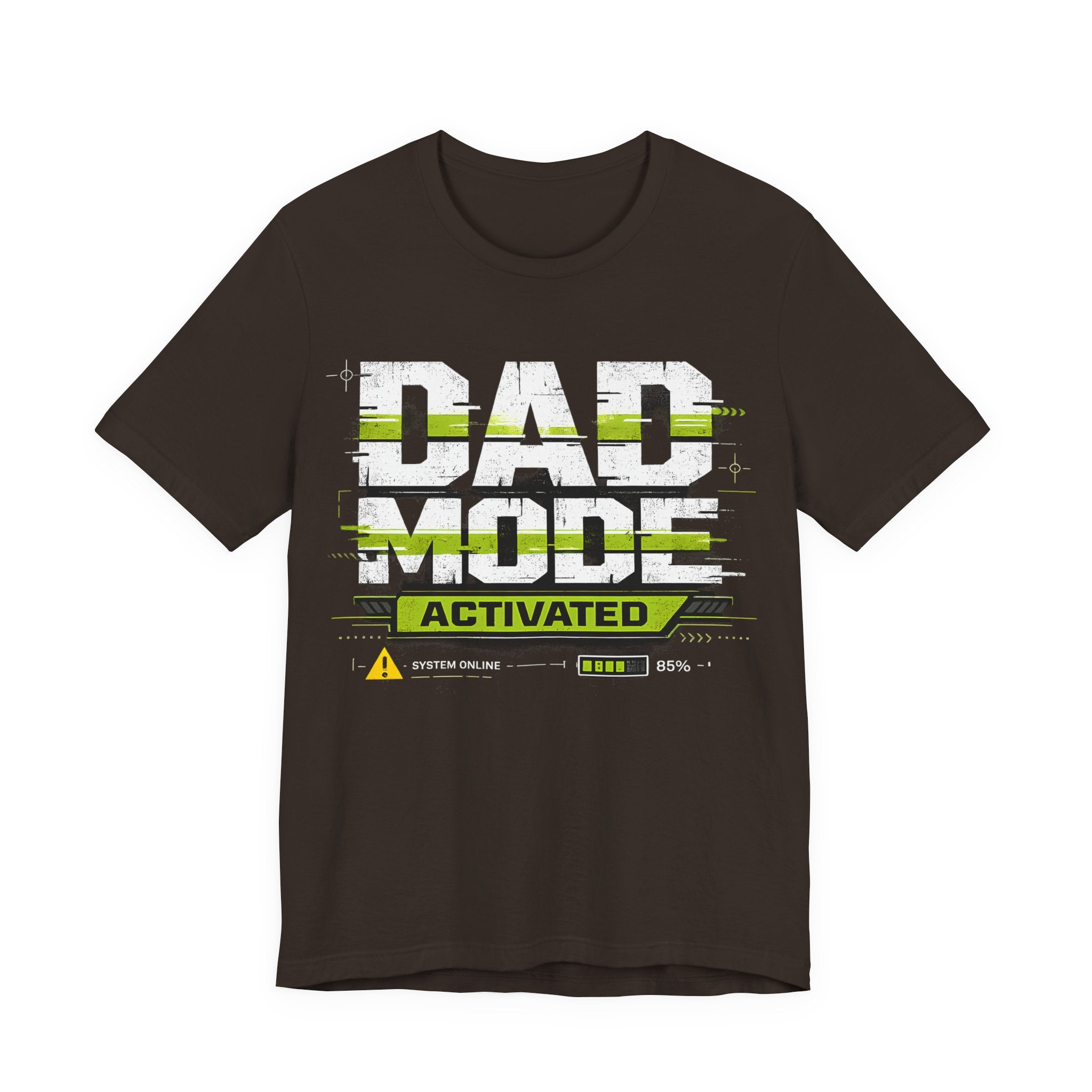 Brown t-shirt with 'Dad Mode Activated' text design on a white background