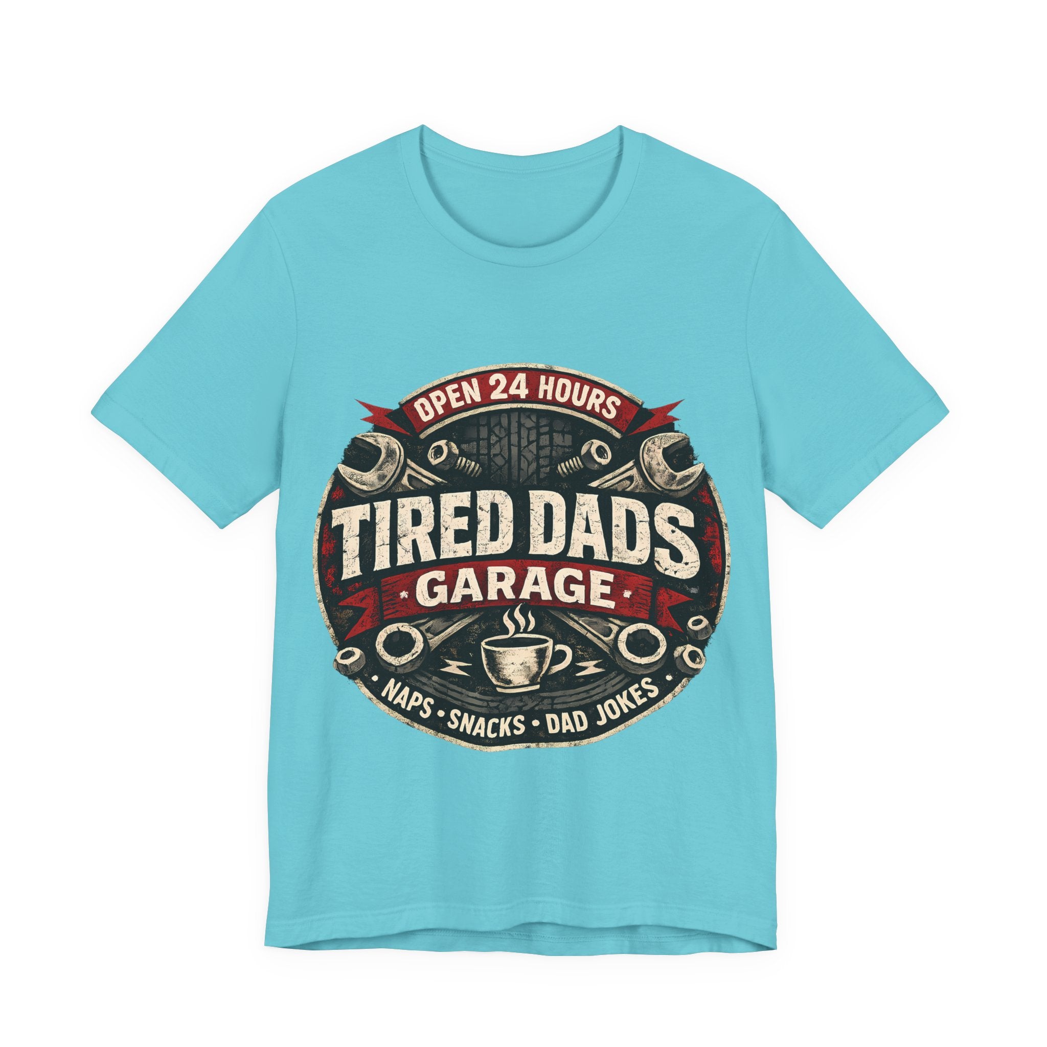 Turquoise t-shirt with 'Tired Dads Garage' graphic design.