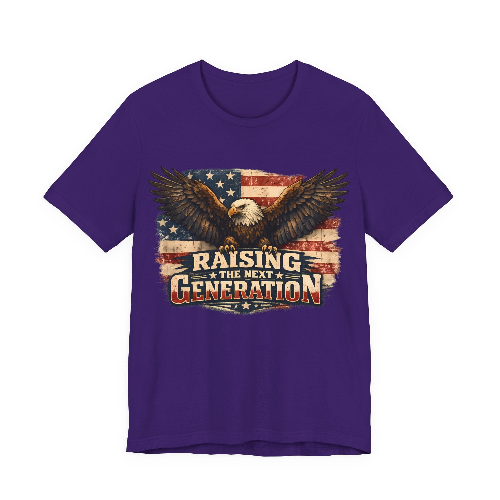 Purple t-shirt with an eagle and American flag graphic and text 'Raising the Next Generation' on a white background.