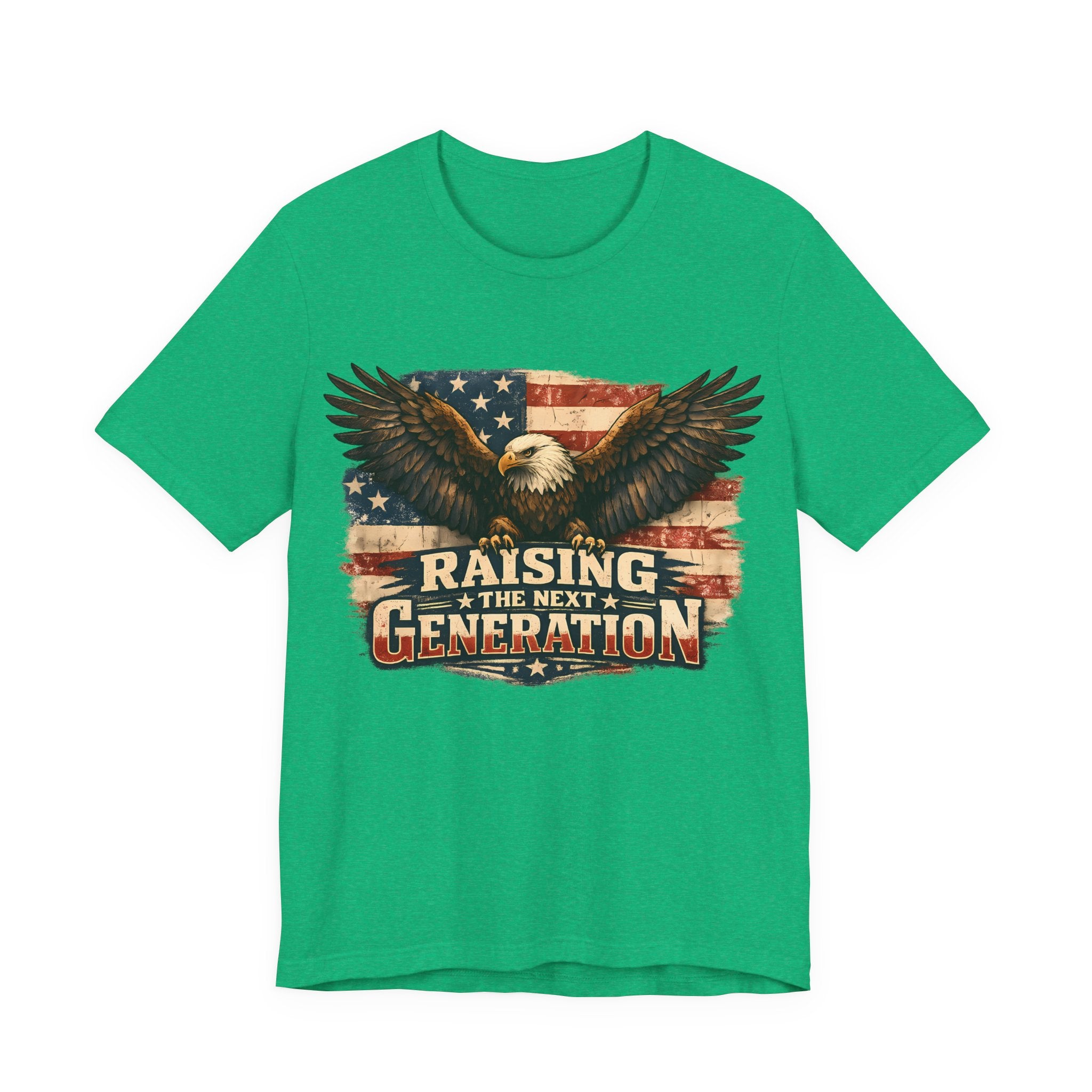 Heather Kelly Green t-shirt with an eagle and American flag design on a white background