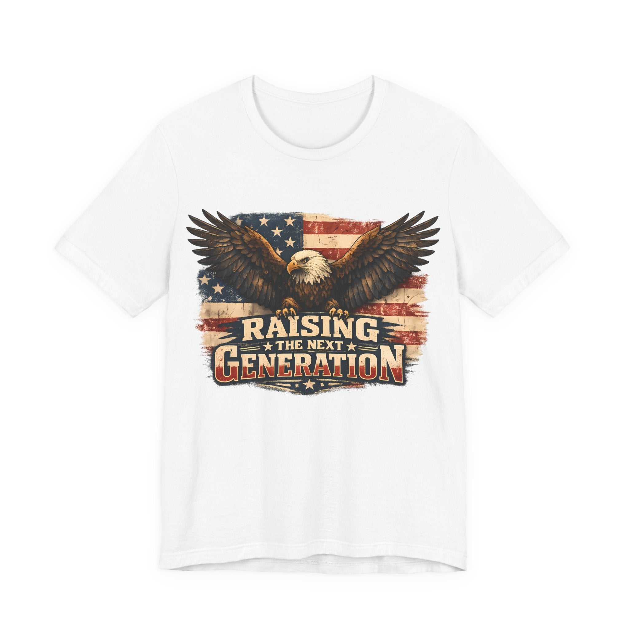 White t-shirt with an eagle and American flag design on a white background