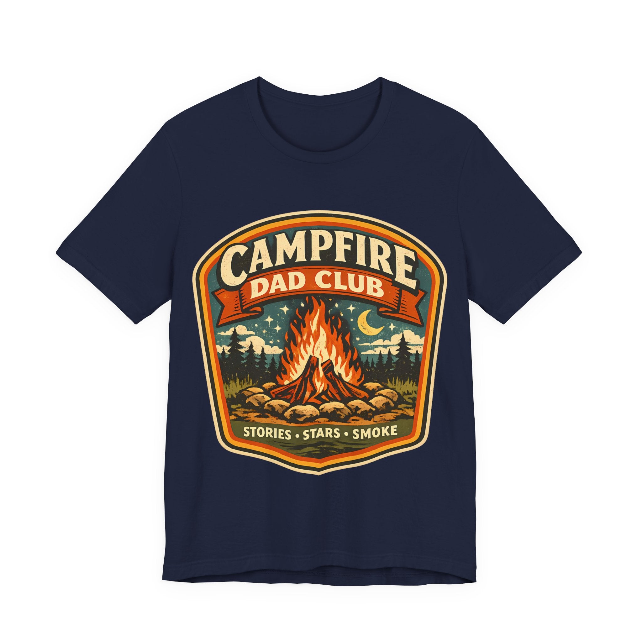 Navy t-shirt with 'Campfire Dad Club' graphic design featuring a campfire and nature elements.