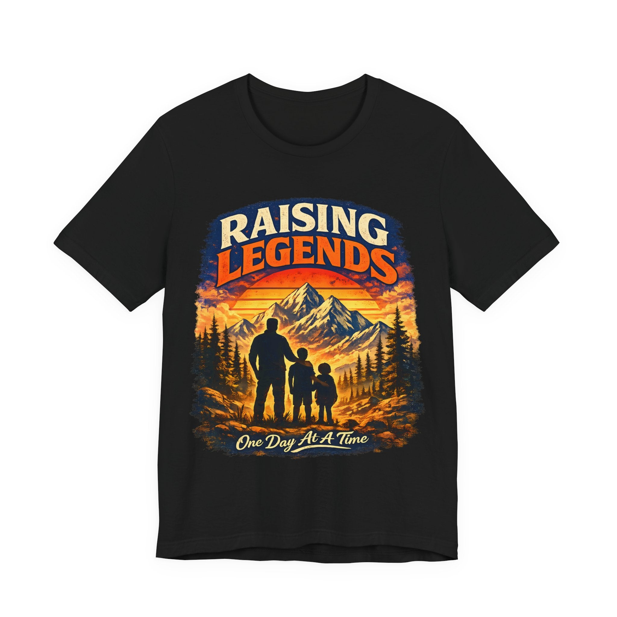 Black t-shirt with 'Raising Legends' graphic design featuring a silhouette of a father and two children against a mountain backdrop.