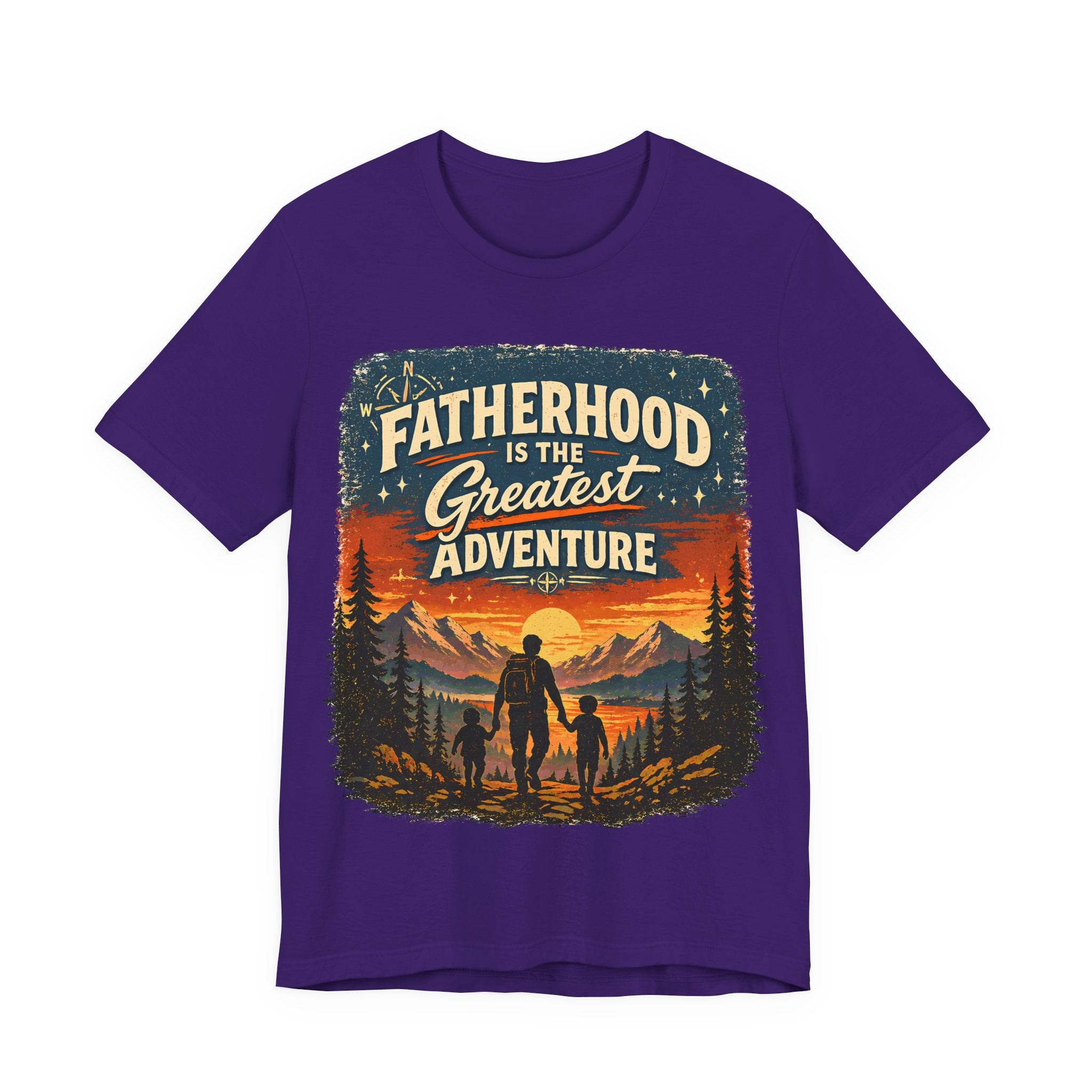 Purple t-shirt with 'Fatherhood is the Greatest Adventure' graphic design on a white background