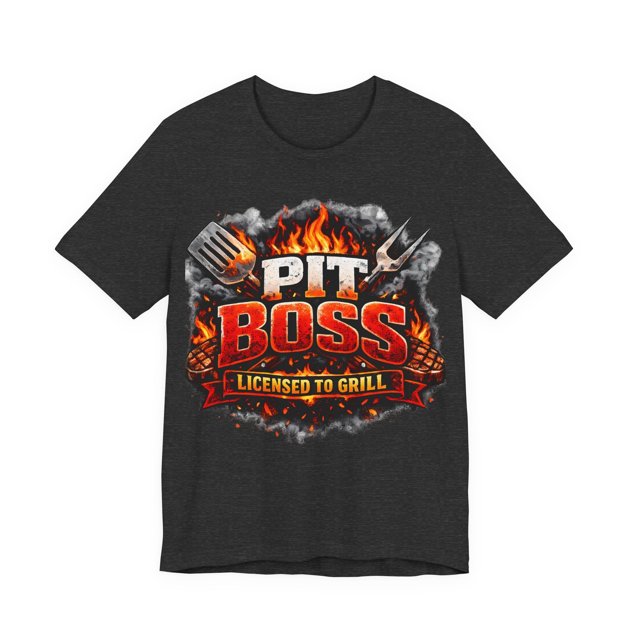 Dark Grey heather t-shirt with 'Pit Boss Licensed to Grill' graphic design on a white background