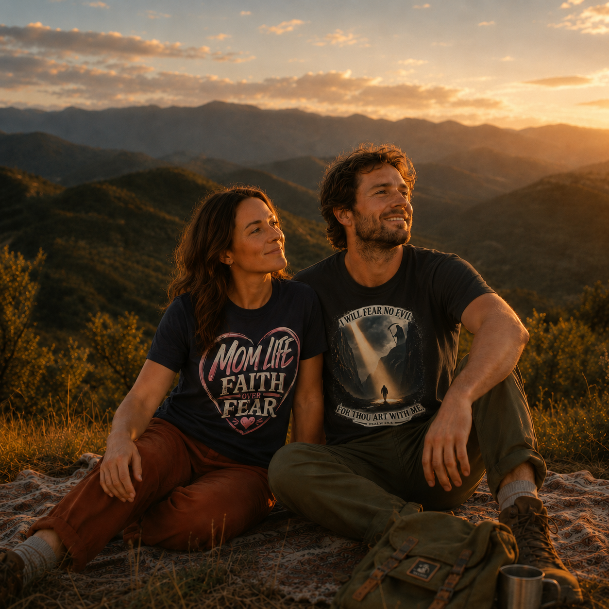A man and a woman sit together on a mountain ridge at sunset, wearing graphic t-shirts. The woman's shirt reads 'MOM LIFE FAITH FEAR' inside a heart, and the man's shirt features a dramatic graphic of Jesus on the cross with the text 'I LOVE YOU TO THE END THE CROSS IS NOT FOR GENTLES'.