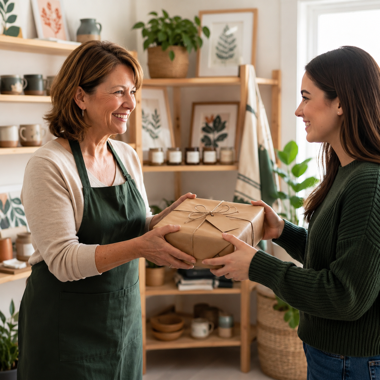 A woman in a dark green apron hands a wrapped gift box tied with twine to a younger woman in a ribbed dark green sweater inside a bright, plant-filled home setting.